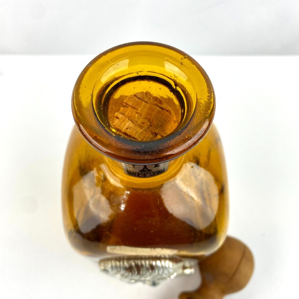 Amber Liquor Bottle of Sancho Panza Wood Cork Top Empty Nickel Silver Relief 12" - Picture 6 of 9